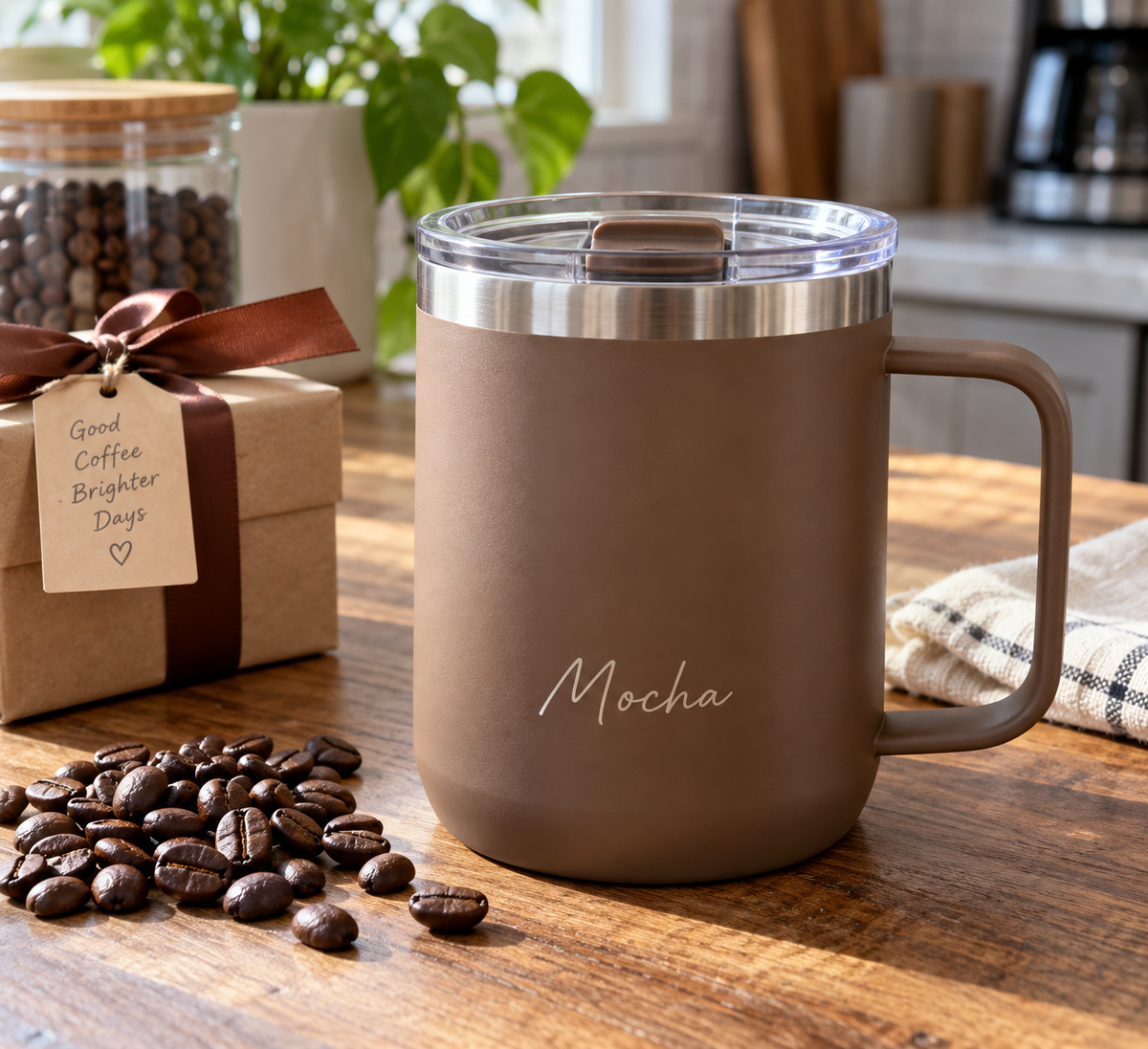 Mocha mug gift ideas featuring lid and handle for coffee and cocoa drinkers