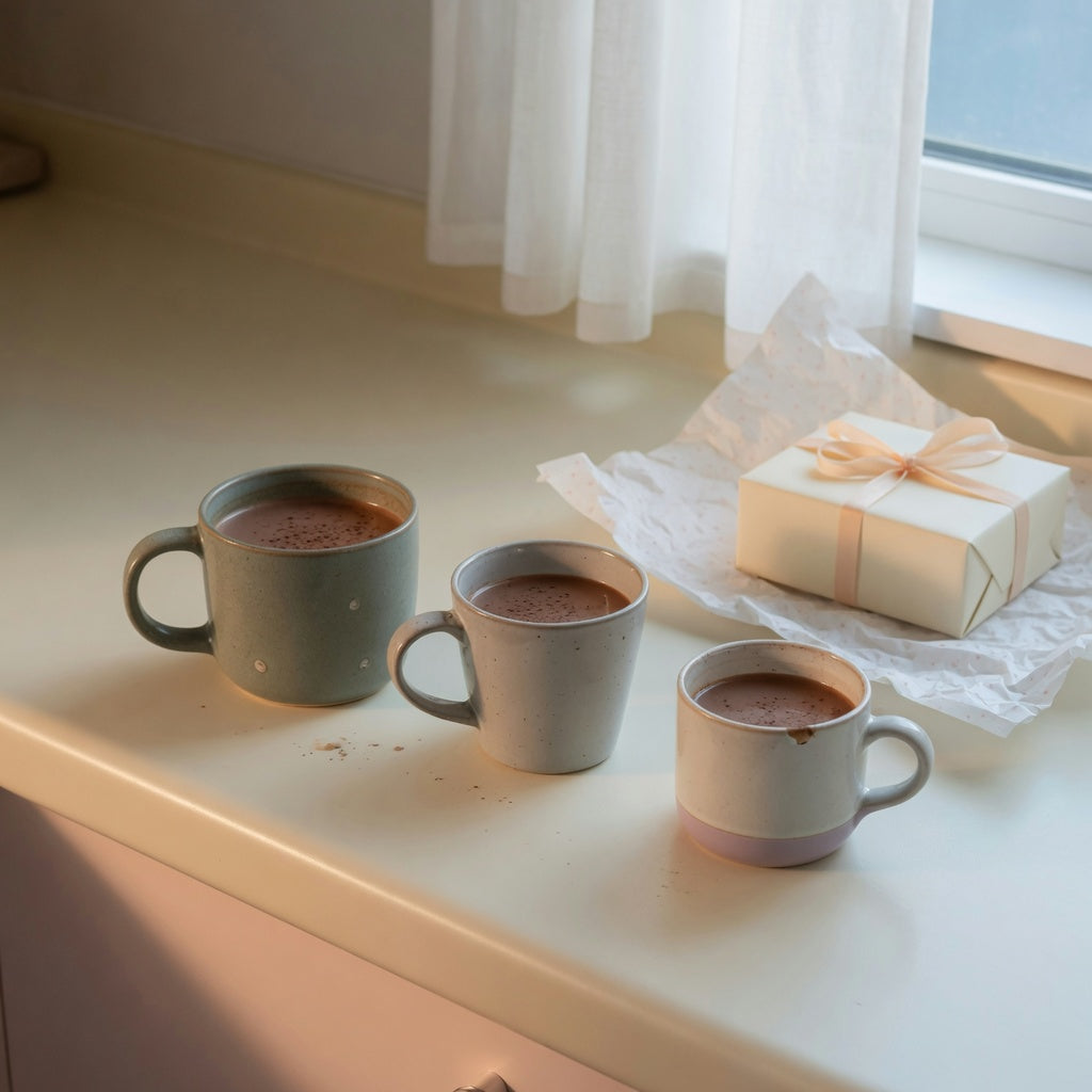 A mocha mug gift comparison of three different mug capacities on a kitchen counter