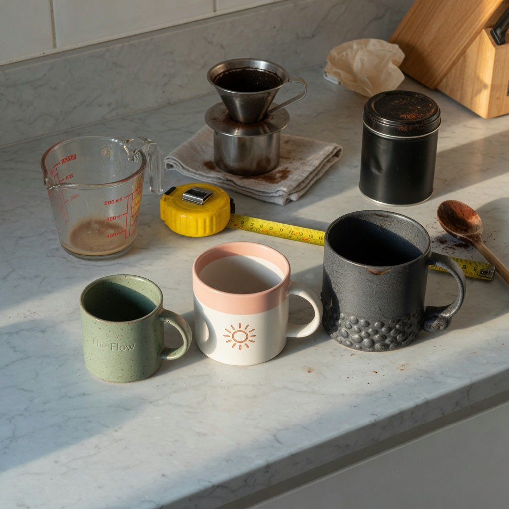 Mocha mug home coffee station practical purchase checklist with 400 ml, 440 ml, and 480 ml mugs arranged on a kitchen counter
