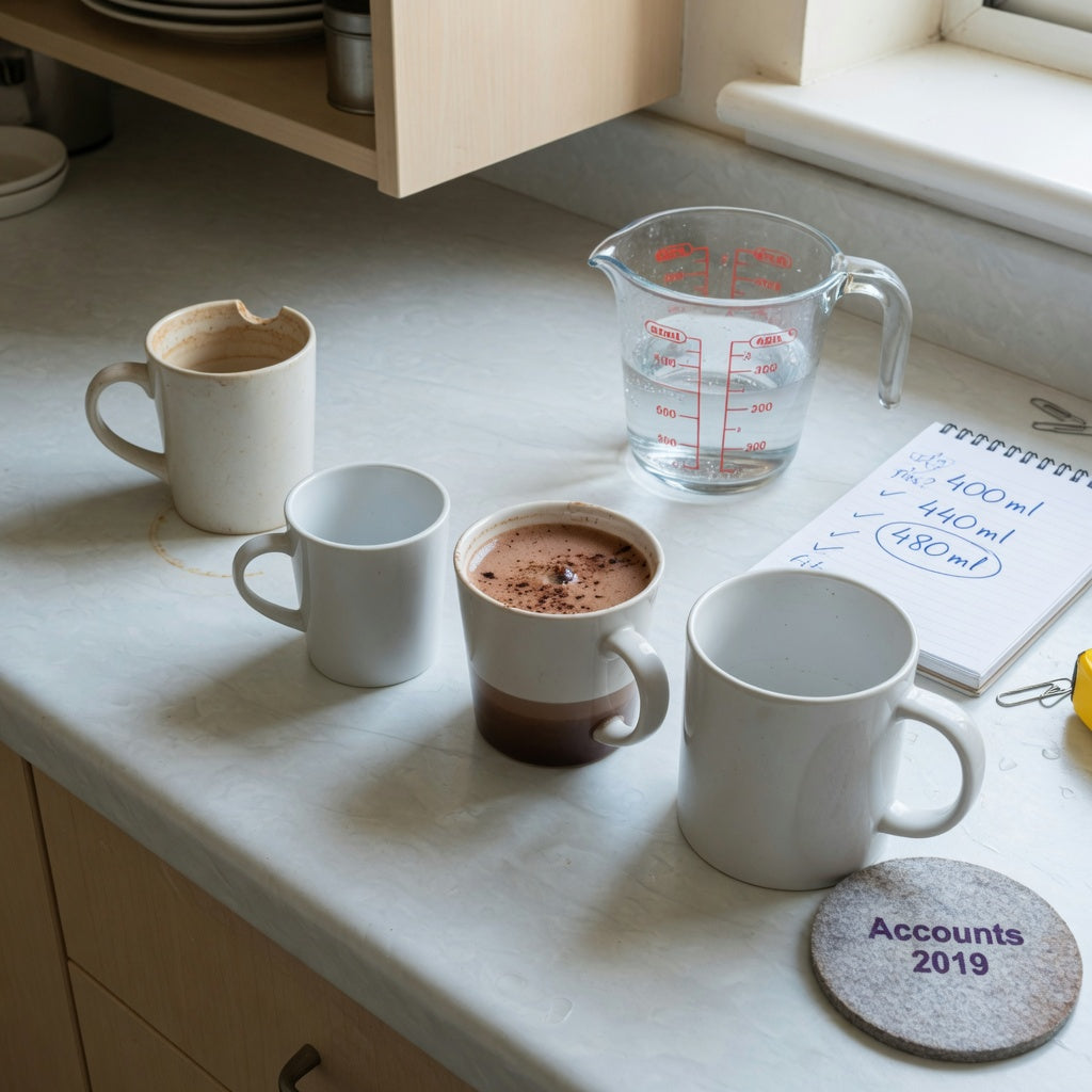 mocha mug replacement purchase practical purchase checklist with 400 ml, 440 ml, and 480 ml options beside a measuring jug