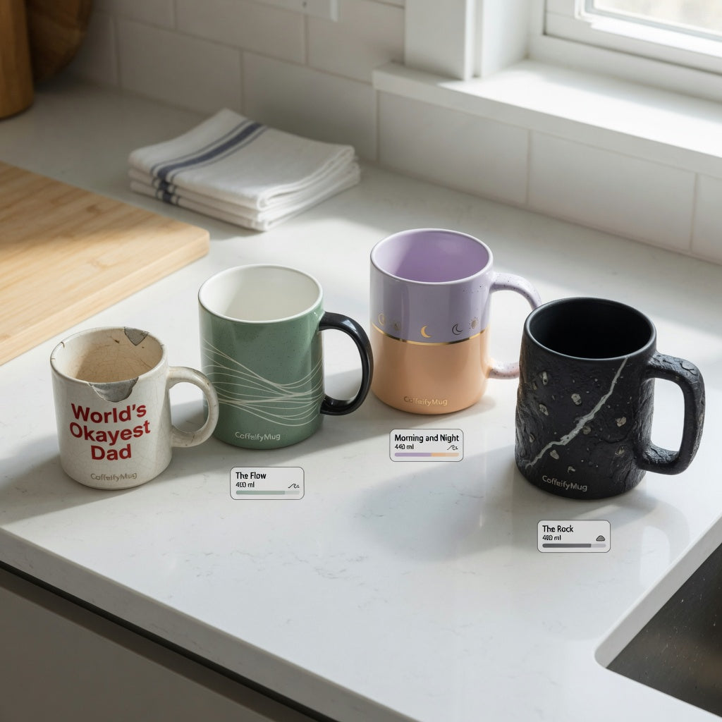 mocha mug replacement purchase product shortlist guide comparing The Flow 400 ml, Morning and Night 440 ml, and The Rock 480 ml beside a chipped old mug