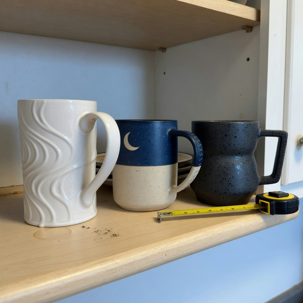 Mocha mug storage fit guide showing The Flow, Morning and Night, and The Rock on a kitchen cabinet shelf