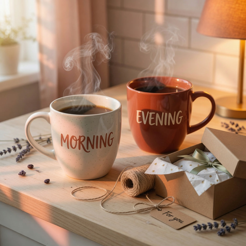 Morning and night coffee mug gift concept with two ceramic mugs styled in morning window light and evening lamp glow on a kitchen counter beside gift wrapping
