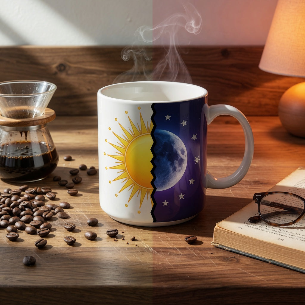 Large ceramic morning and night coffee mug with a sun-and-moon design steaming on a wooden kitchen counter