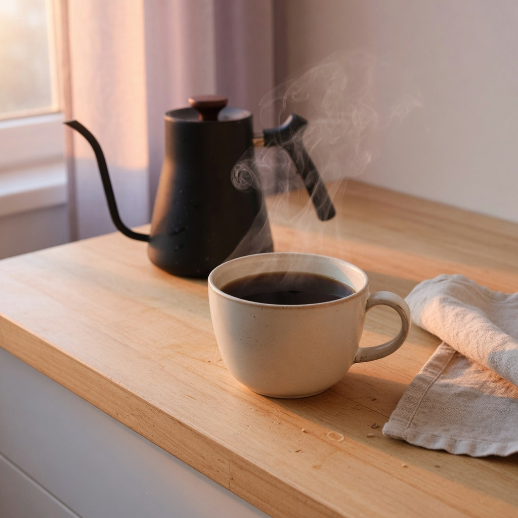 Morning coffee ceramic mug steaming on an apartment kitchen counter beside a pour-over dripper