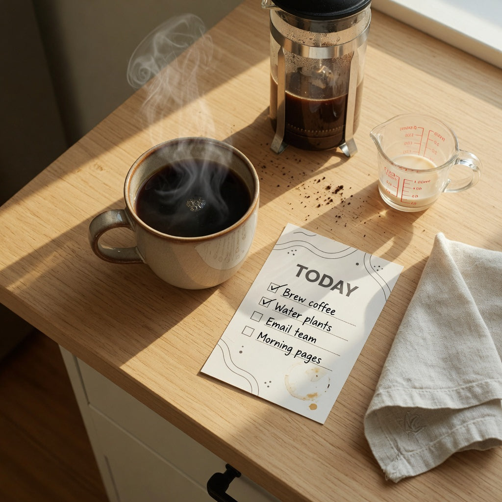 Morning coffee mug buying checklist in use: a large ceramic coffee mug beside a checklist card and French press on a kitchen counter