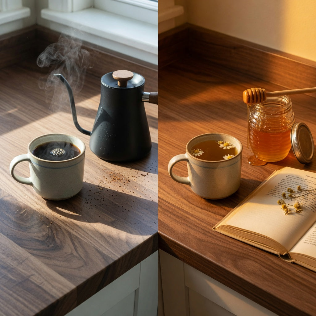 Morning coffee vs night tea mug comparison: one ceramic mug filled with black coffee on a sunlit breakfast counter, the same mug holding chamomile tea under warm evening light