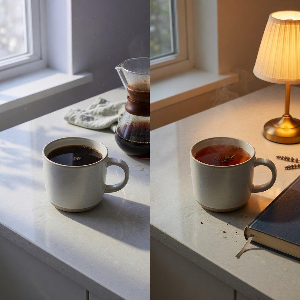 Morning night coffee tea mug buying checklist with one ceramic mug beside morning coffee and evening tea