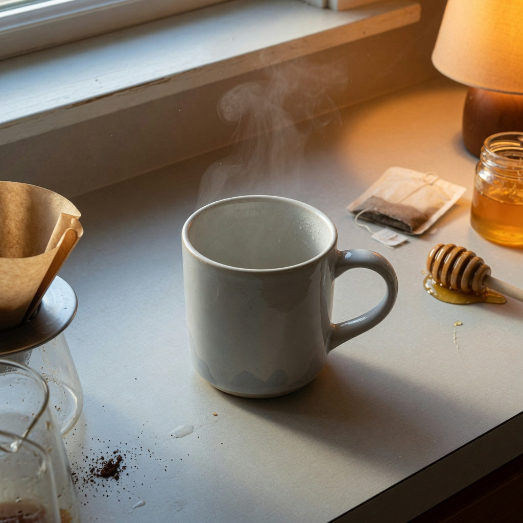 Morning night coffee tea mug gift ideas with a ceramic mug between morning coffee and evening tea on a kitchen counter