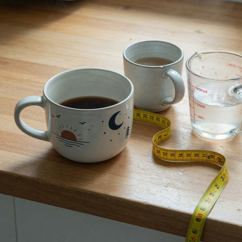 Morning & Night Large Ceramic Coffee Mug size comparison on a kitchen counter beside a smaller mug and a water jug