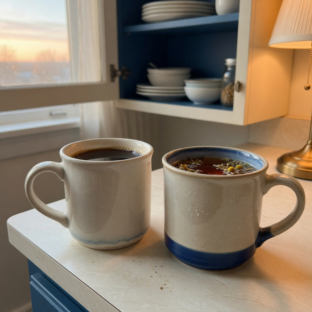 Morning night mug ceramic comparison with one coffee mug in sunrise light and one tea mug in evening light