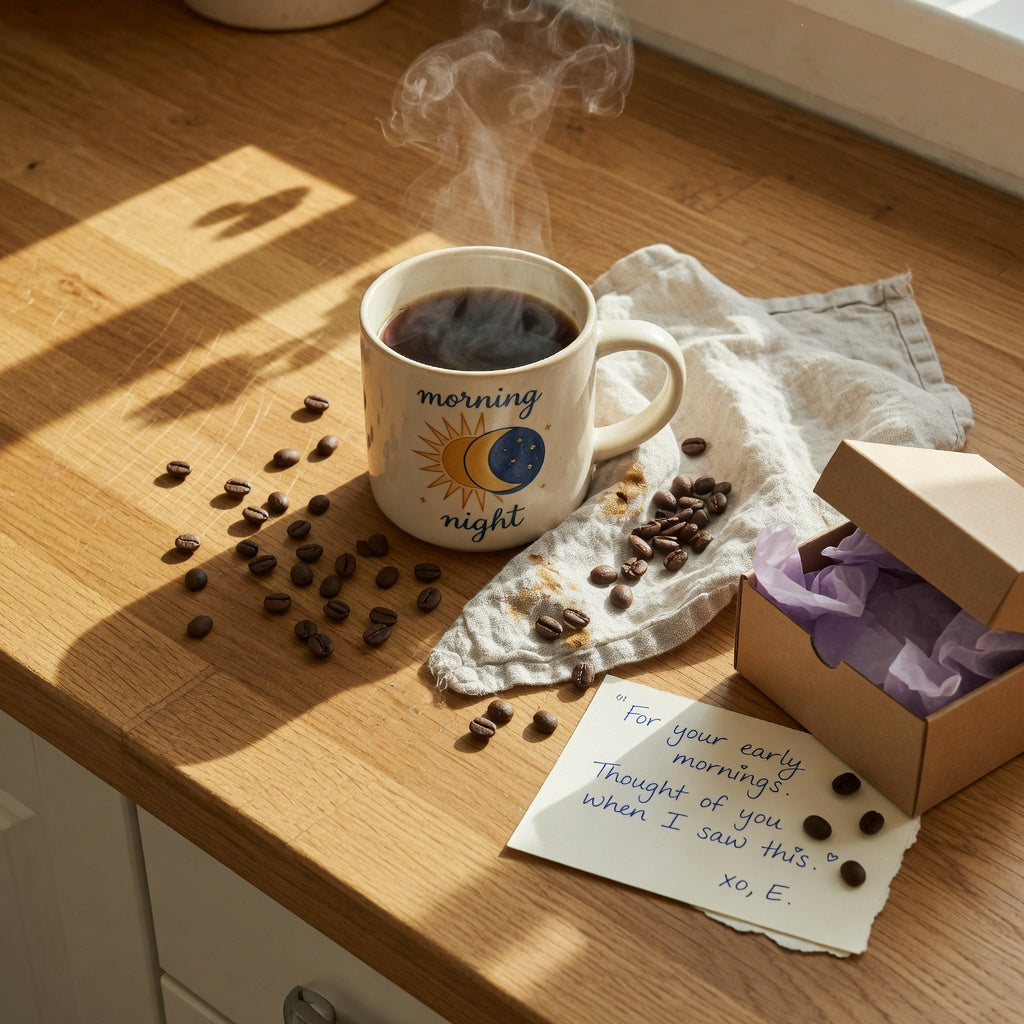 Morning routine coffee mug gift ideas: a large ceramic morning-and-night themed coffee mug steaming on a kitchen counter beside coffee beans and gift packaging.