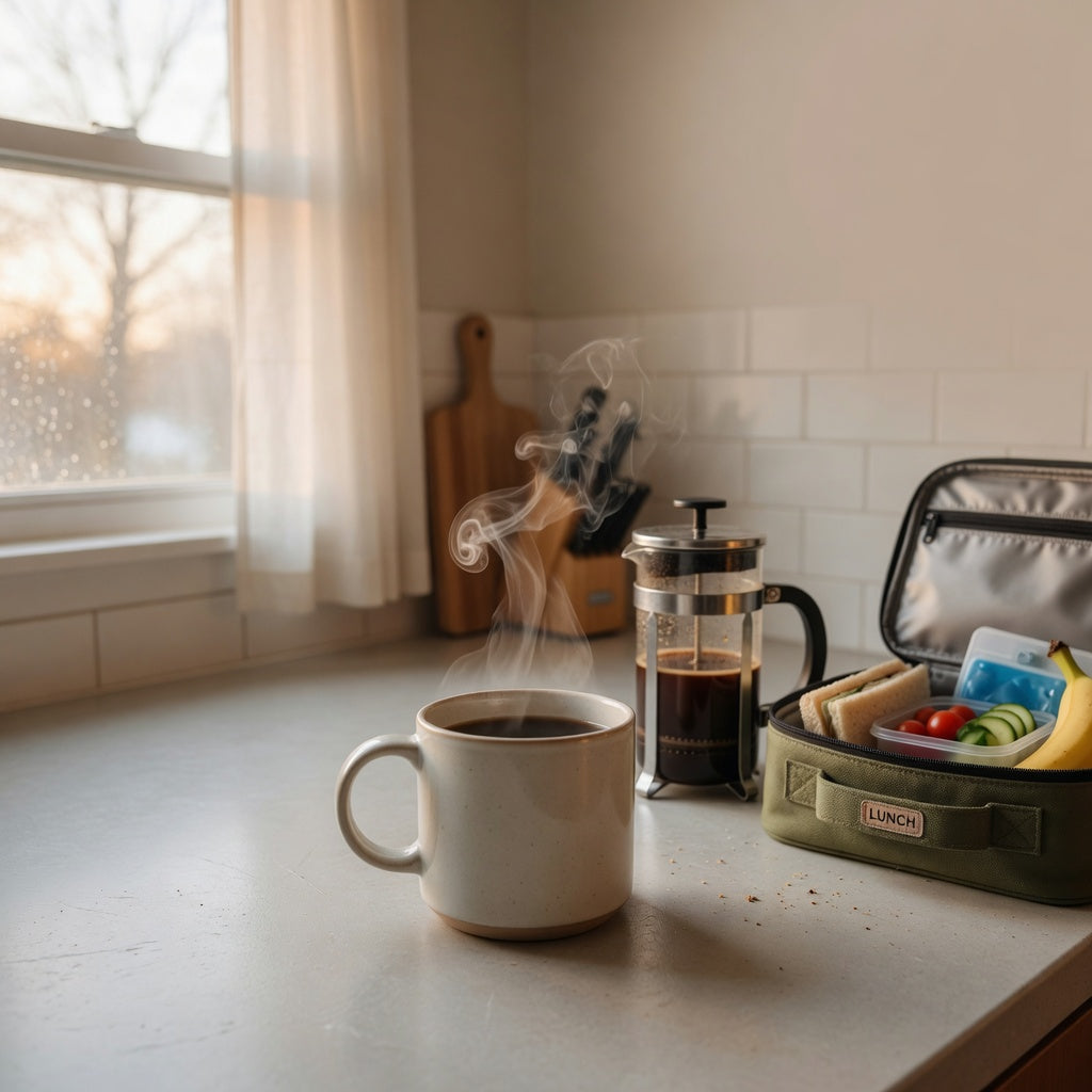 Large ceramic morning routine coffee mug steaming beside a french press on a sunlit kitchen counter