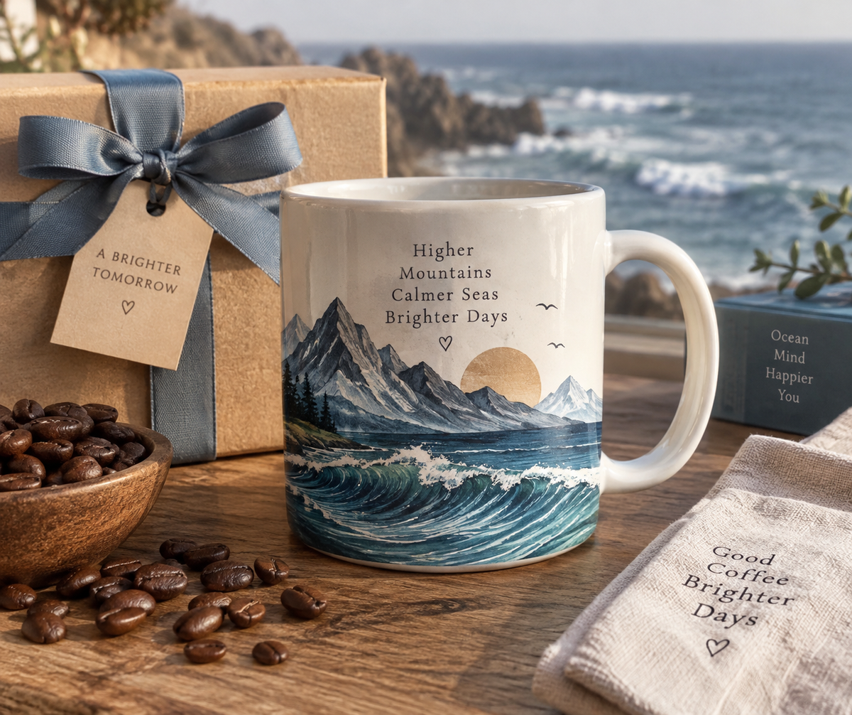 Mountain and sea ceramic mug gift with detailed wave and mountain design