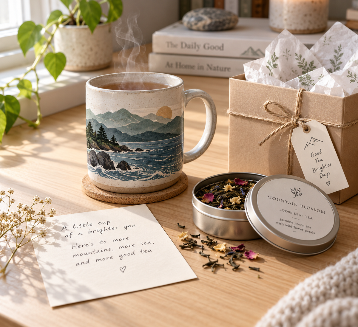 Mountain and sea tea cup gift on a desk: ceramic mug with mountain and wave artwork beside a kraft gift box and loose-leaf tea tin