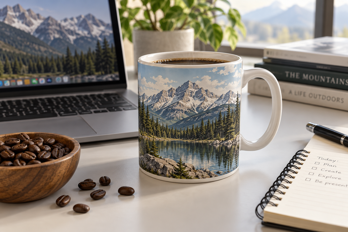 mountain ceramic coffee mug for office featuring mountain print on desk