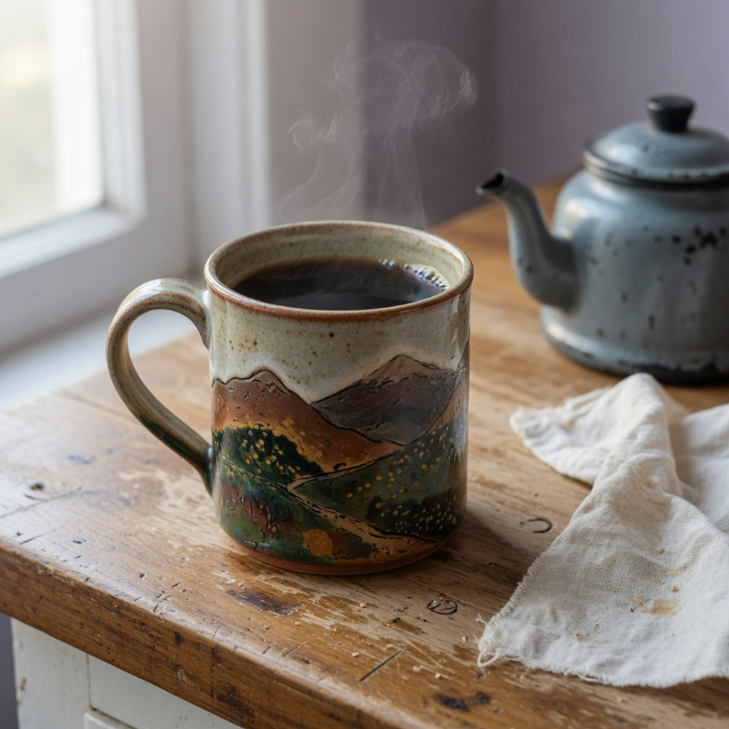 Mountain ceramic mug for coffee and tea filled with coffee on a wooden kitchen counter