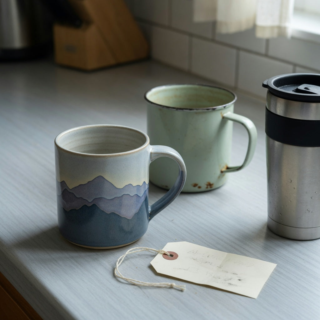 Mountain coffee mug gift buying checklist scene with a ceramic mountain mug, an enamel camp cup, and a travel mug on a kitchen counter