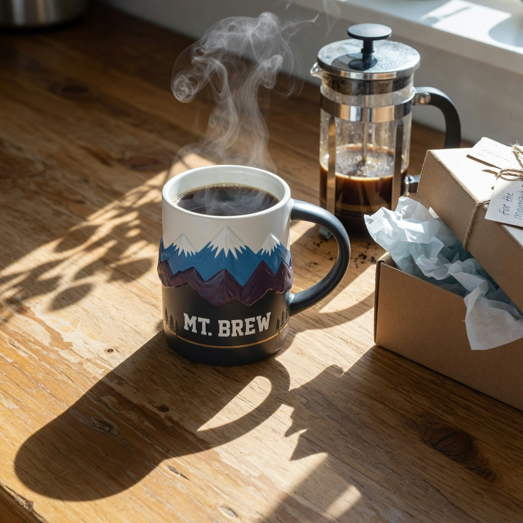 Tall mountain coffee mug gift for coffee lovers on a kitchen counter beside a French press and a wrapped gift box