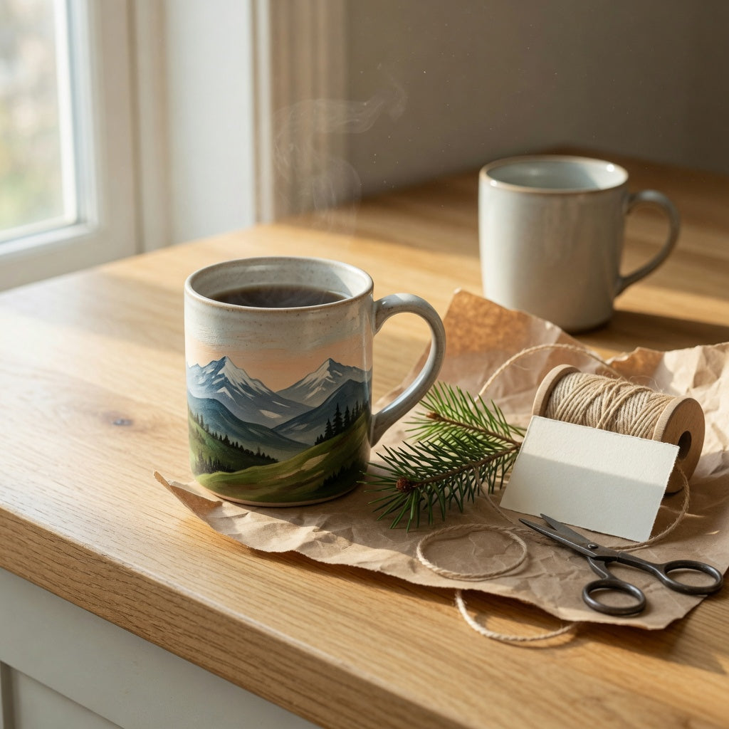 A kitchen counter styled for mountain coffee mug gift ideas: ceramic mountain mug beside kraft wrapping paper and twine