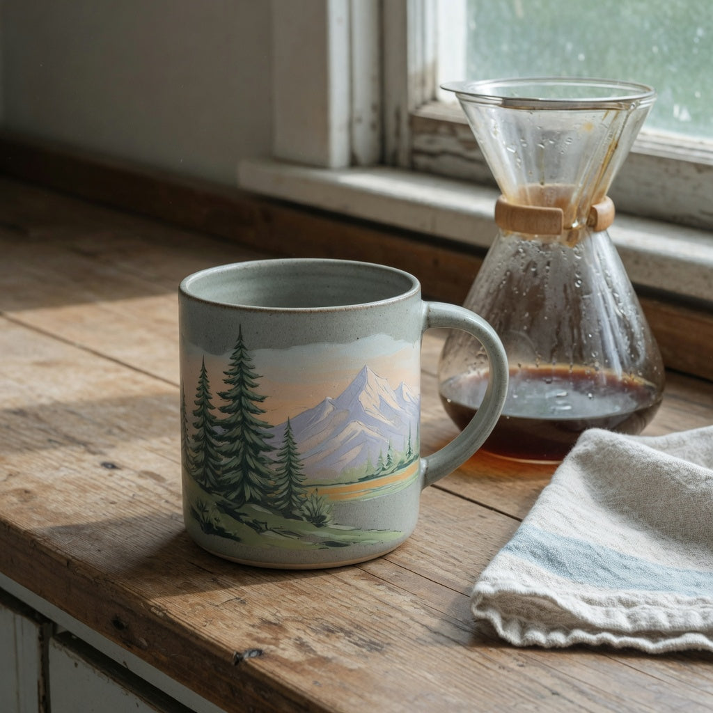Mountain coffee tea mug for coffee lovers home decor on a worn wood cabin counter beside a glass pour-over carafe