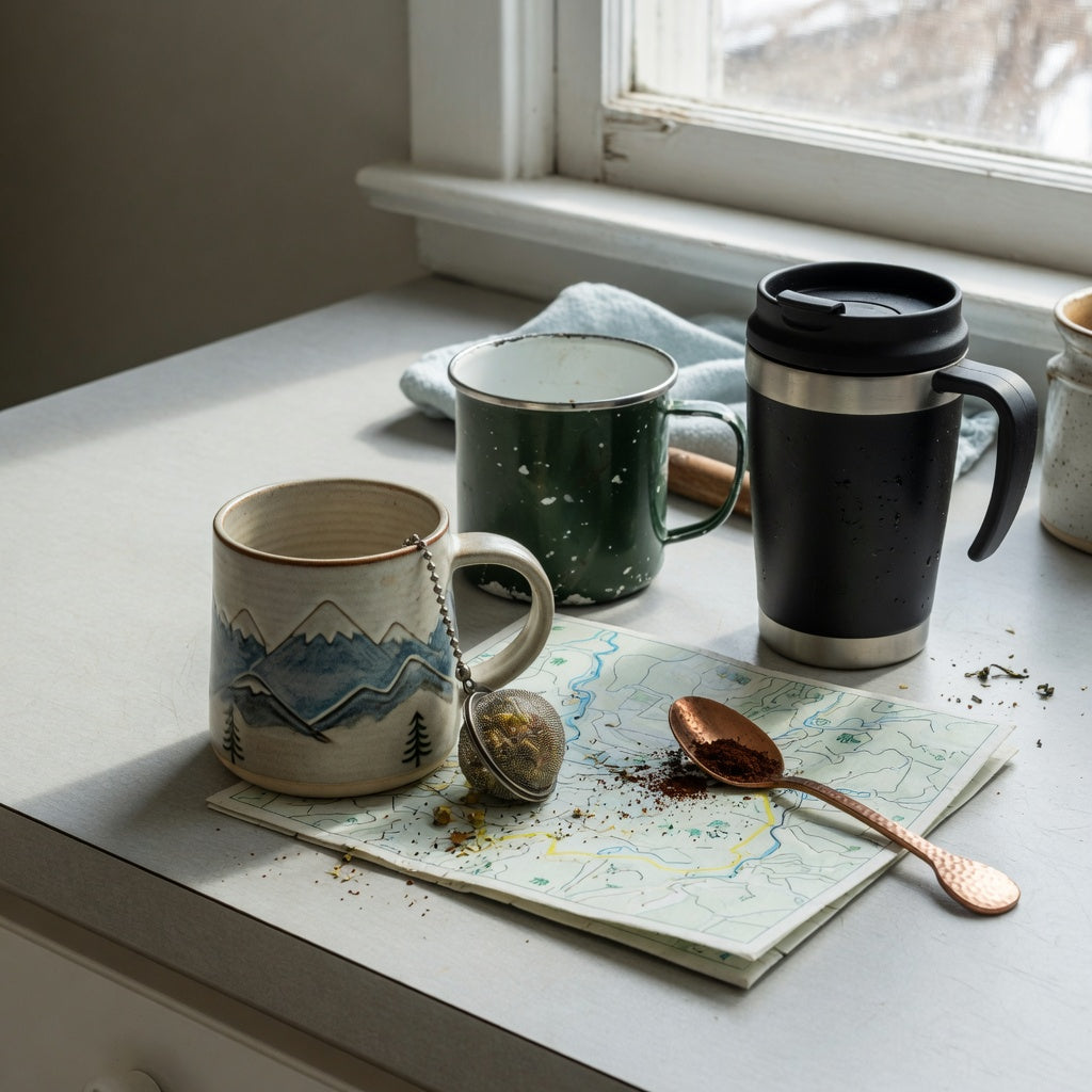 Mountain coffee tea mug gift ideas compared on a kitchen counter with ceramic, enamel, and insulated styles