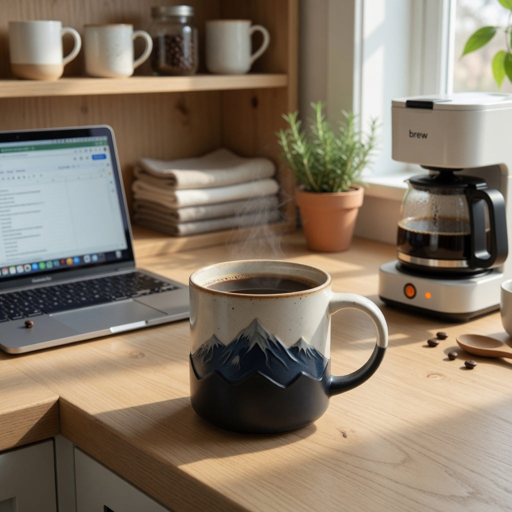 Mountain mug for coffee lovers beside a coffee maker on a bright kitchen counter