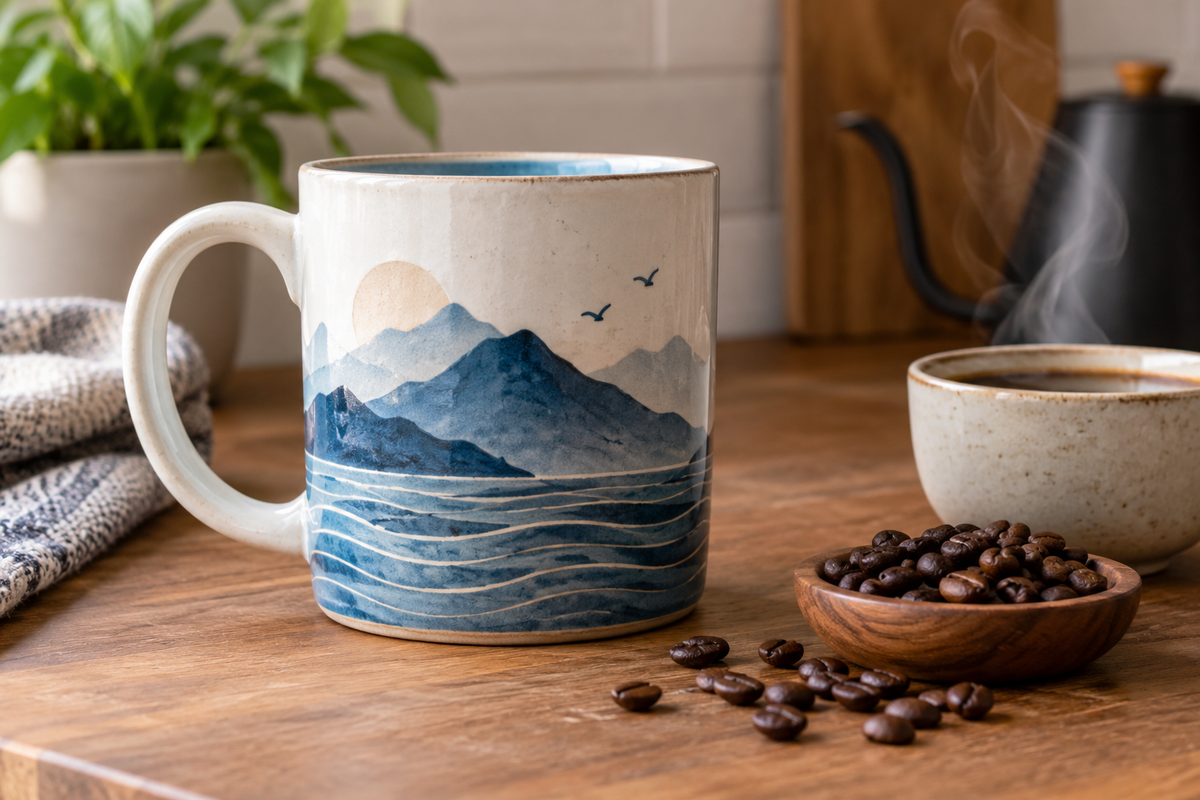Mountain & Sea Ceramic Coffee Mug size comparison for height diameter and capacity