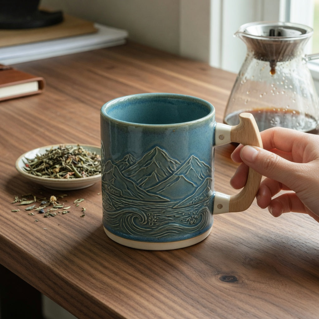 Mountain sea ceramic mug wooden handle beside loose-leaf tea and brewed coffee on a home desk