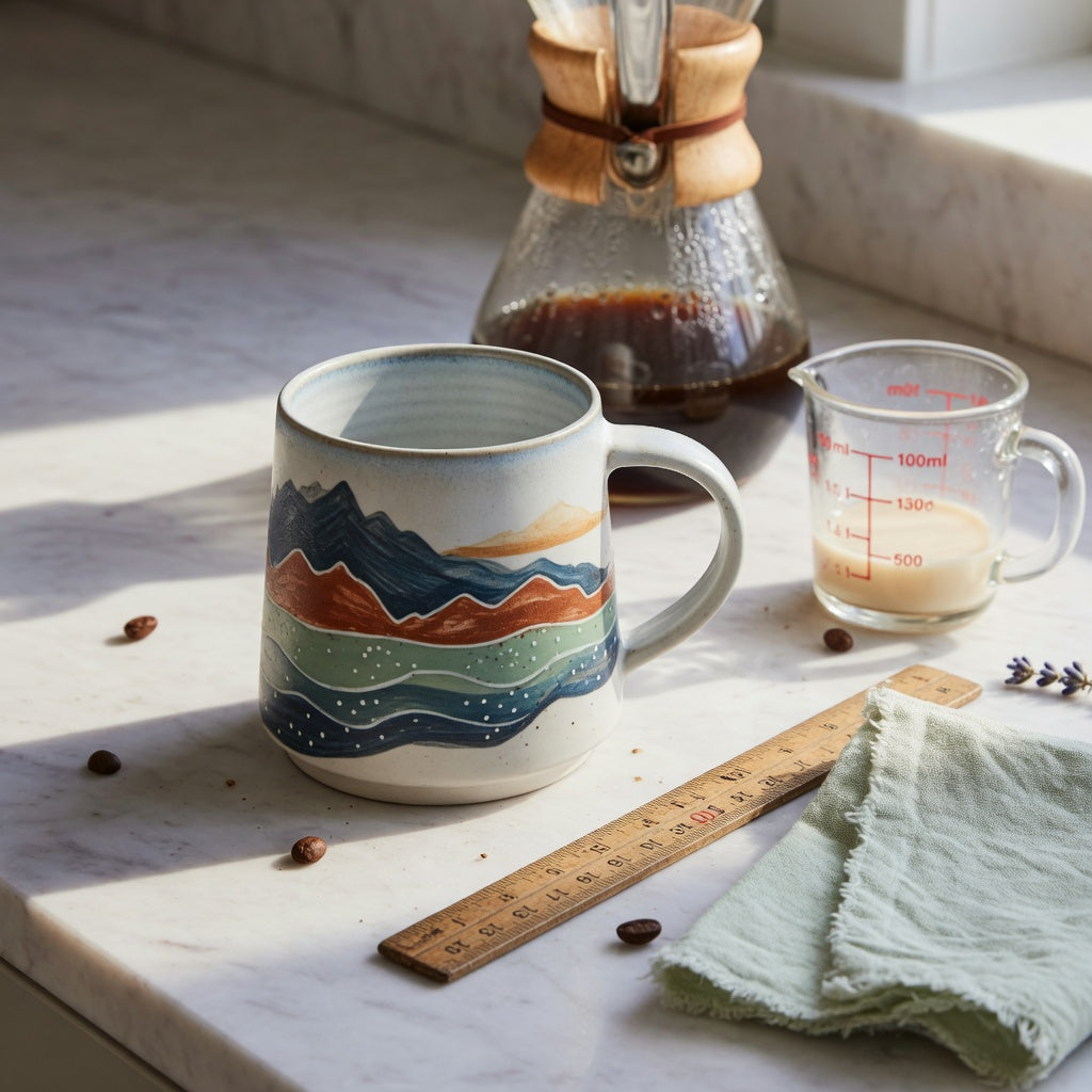 mountain sea coffee mug buying guide scene comparing a ceramic mug, measuring jug, and ruler on a kitchen counter