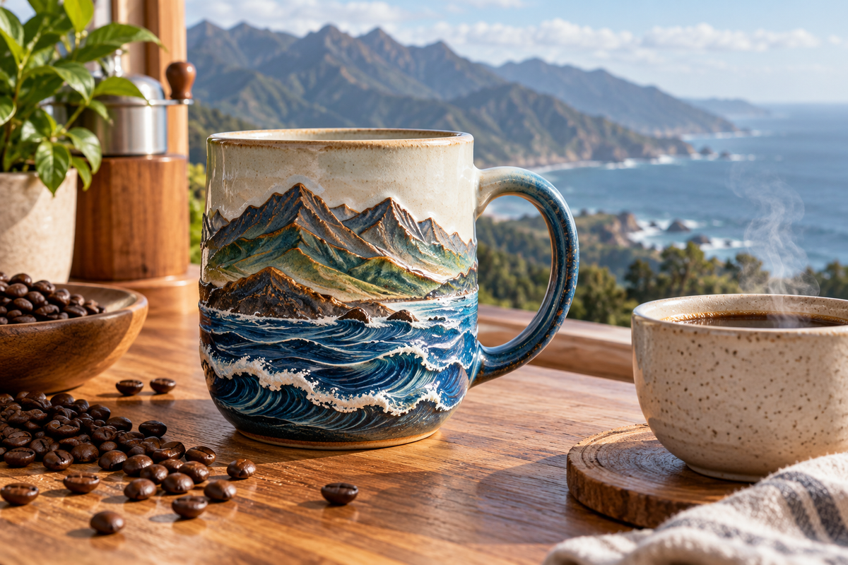 Mountain Sea coffee mug gift ideas featuring detailed mountain and sea ceramic artwork
