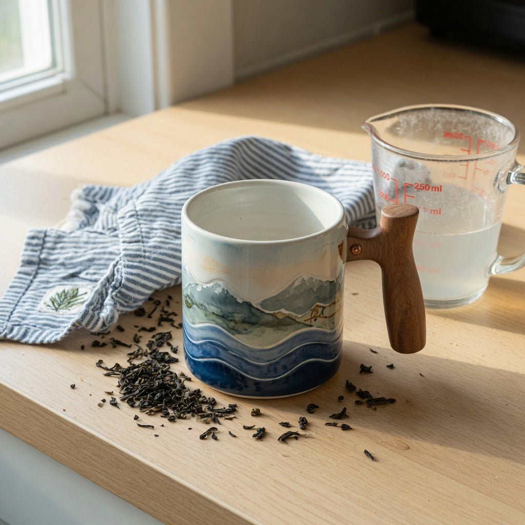Mountain sea coffee mug wooden handle being compared on a kitchen counter