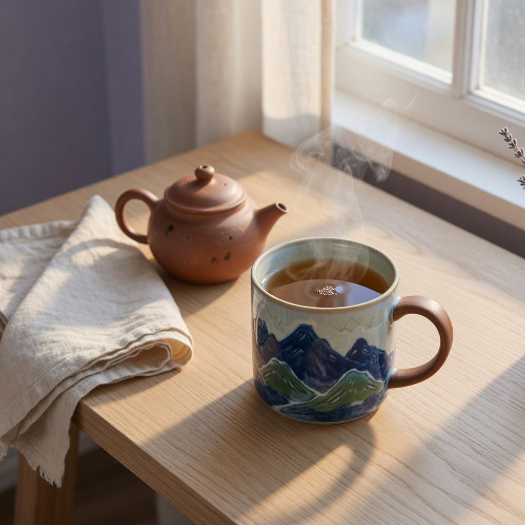 Mountain Sea II ceramic mug with wooden handle filled with amber tea on an oak desk, showing the mounted wooden handle and glazed ceramic body