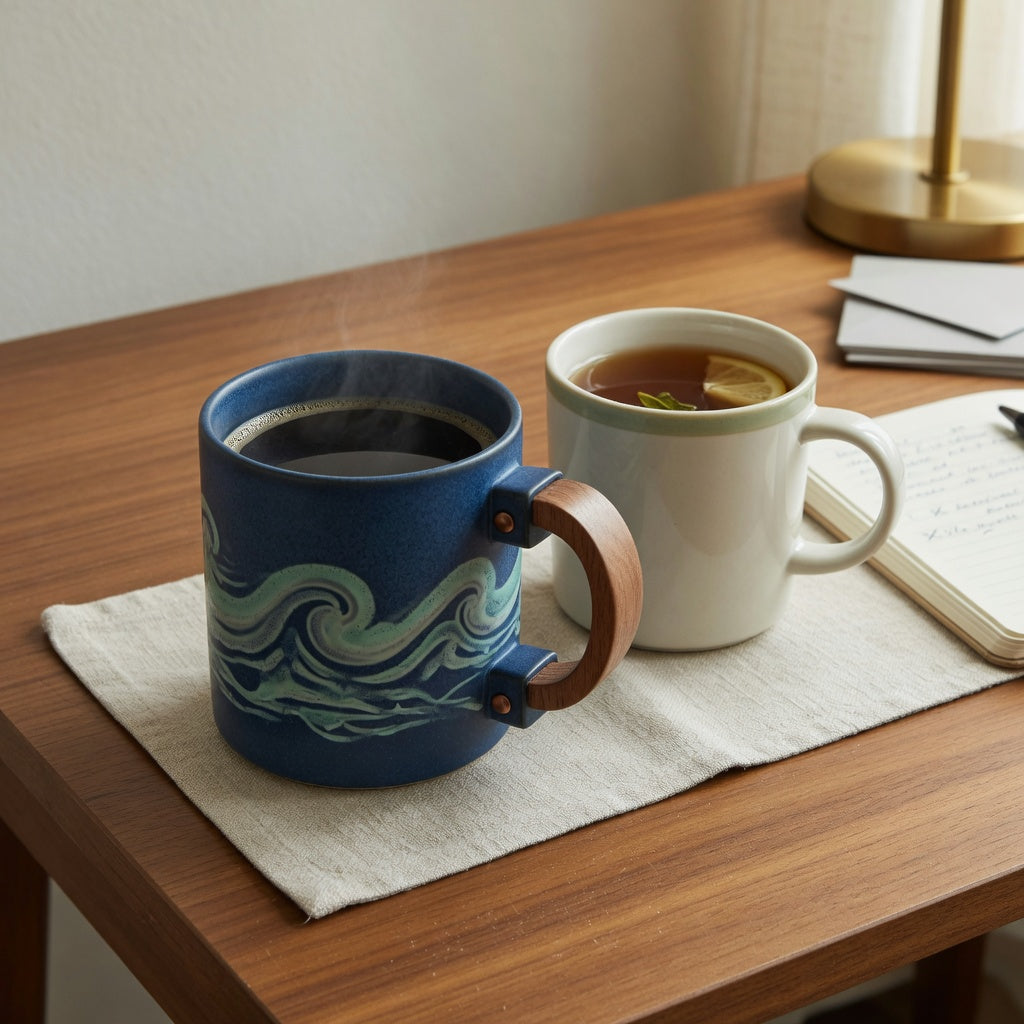 Mountain Sea II coffee mug comparison of a 450 ml ceramic wooden-handle mug and a non-wood ceramic alternative on a desk
