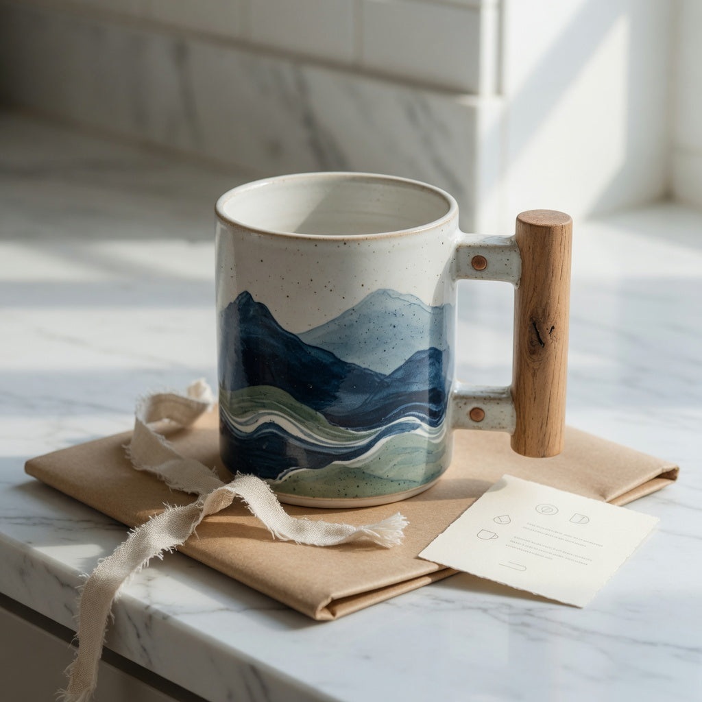 Mountain Sea Ii Coffee Tea Mug gift ideas with a 450 ml ceramic mug and wooden handle beside simple gift wrap