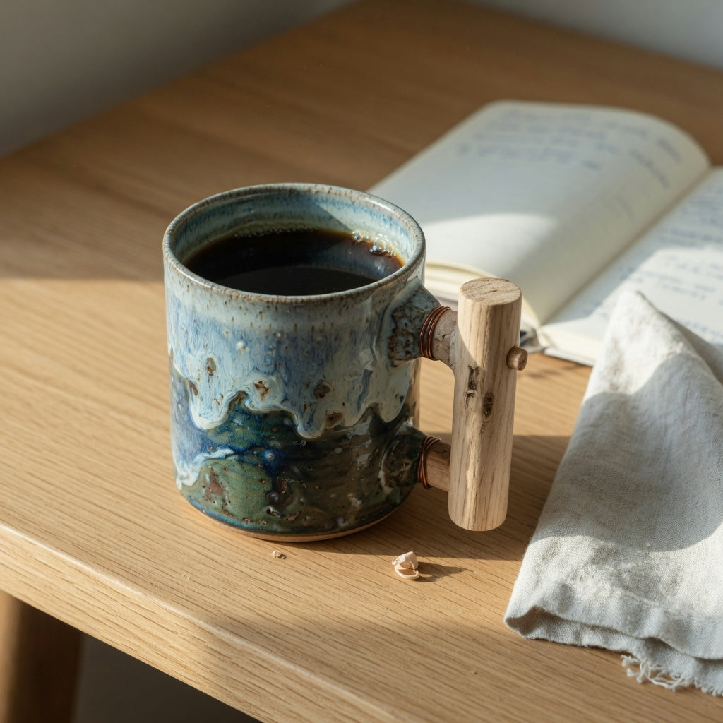 Mountain Sea II Coffee Tea Mug With Wooden Handle buying checklist: 450 ml ceramic mug with wooden handle on an oak desk