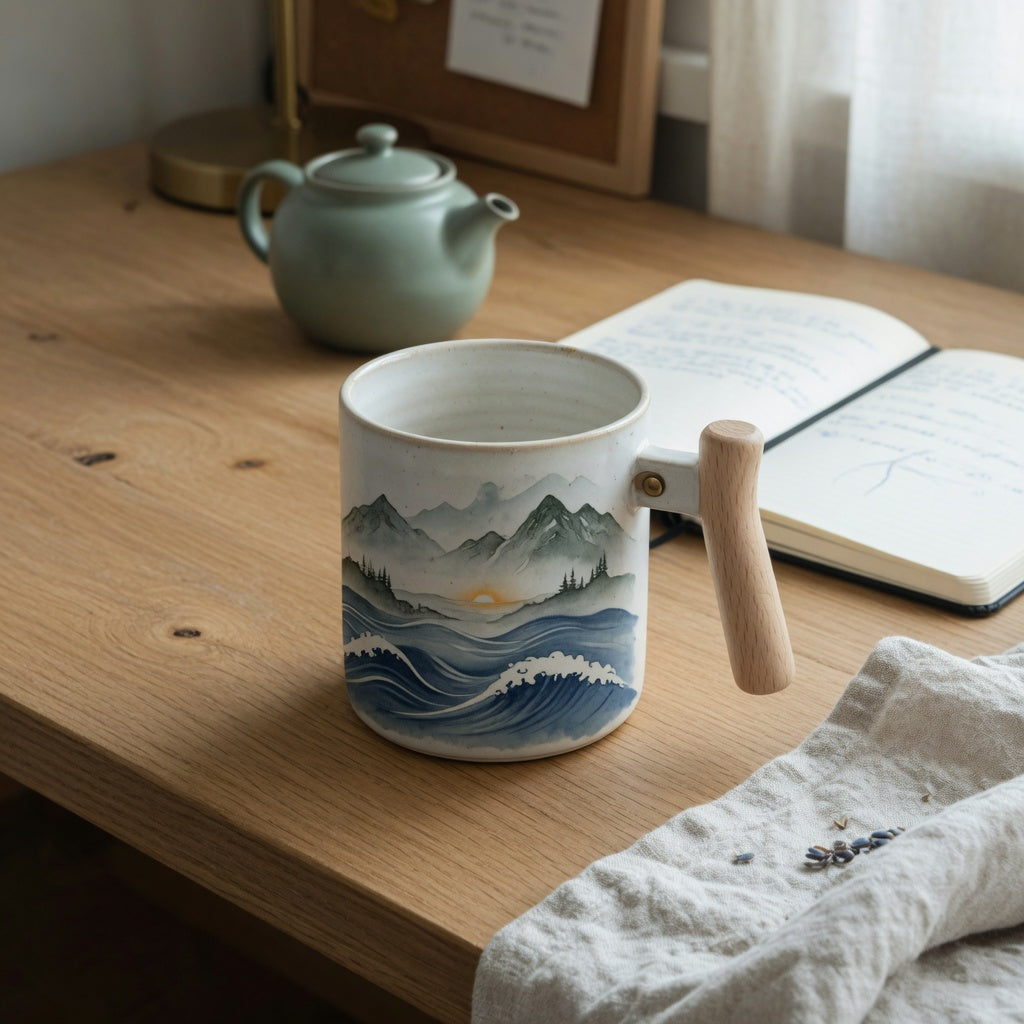 Mountain Sea Ii Coffee Tea Mug With Wooden Handle on a desk with the ceramic body, wooden grip, and handle joint visible