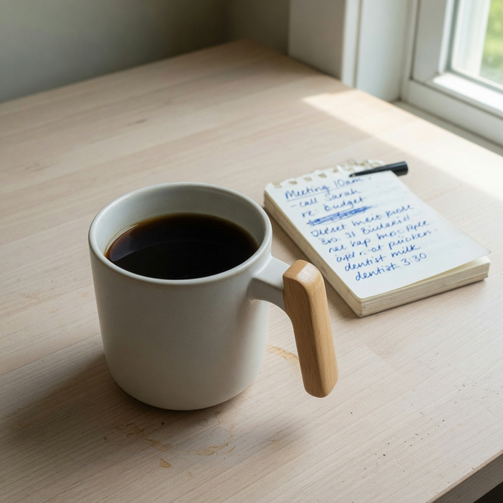 A mountain sea ii mug gift checklist notepad beside a ceramic coffee mug with a wooden handle