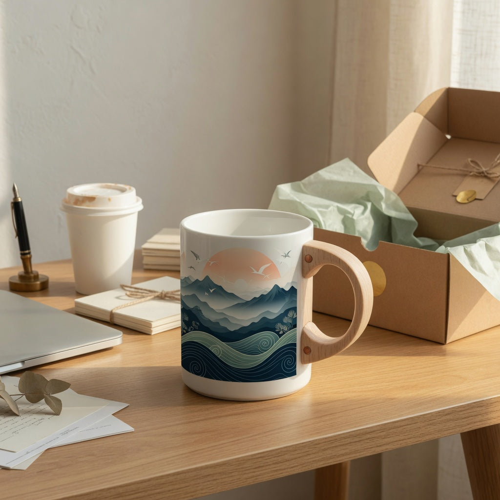 Mountain Sea II mug gift vs daily use comparison with the 450 ml ceramic mug, wooden handle, desk setup, and gift box