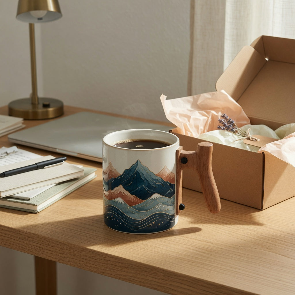 Mountain Sea II mug gift vs daily use comparison with the 450 ml ceramic mug, wooden handle, desk setup, and gift box