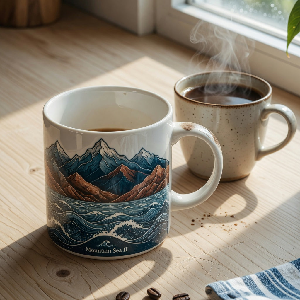 Mountain Sea II Mug Home Decor with scenic mountain sea landscape and wooden handle