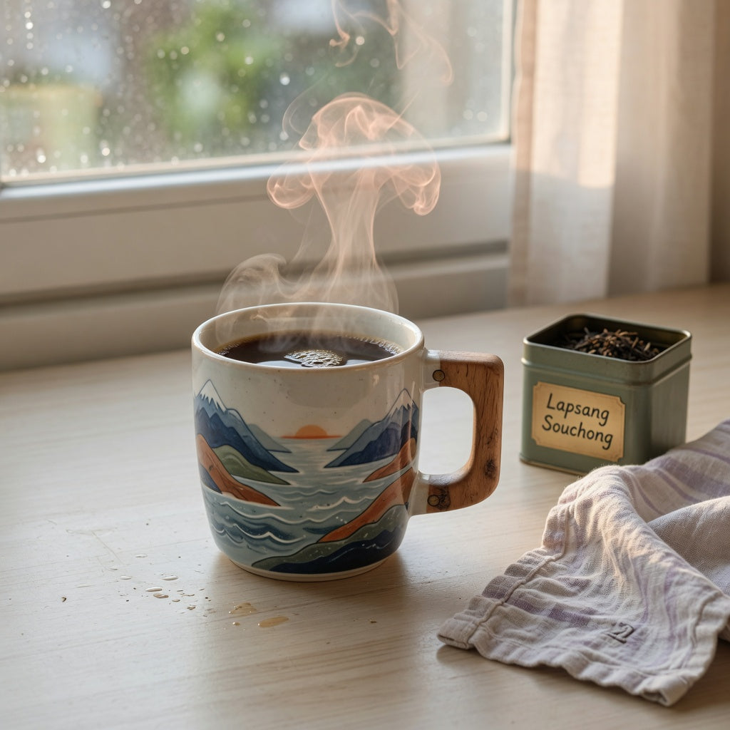 Mountain Sea II mug with wooden handle filled with coffee on a sunlit kitchen counter
