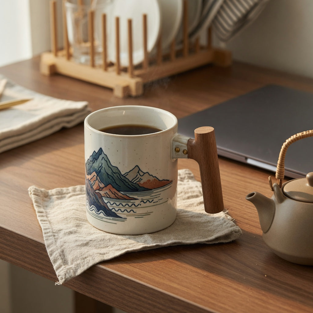 Mountain Sea II mug wooden handle on a home-office desk with coffee and tea accessories
