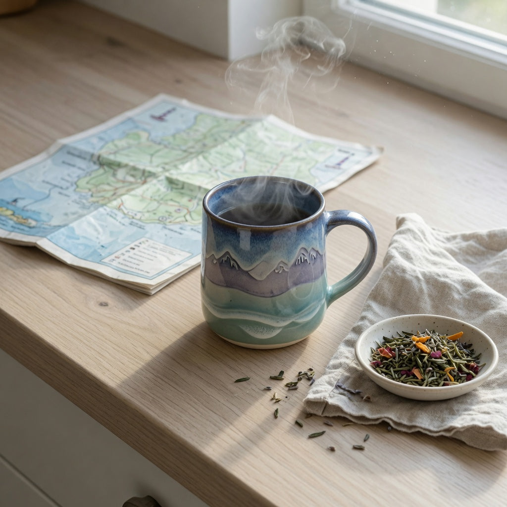 Mountain sea mug gift with a mountain-to-sea glaze on a kitchen counter beside loose-leaf tea