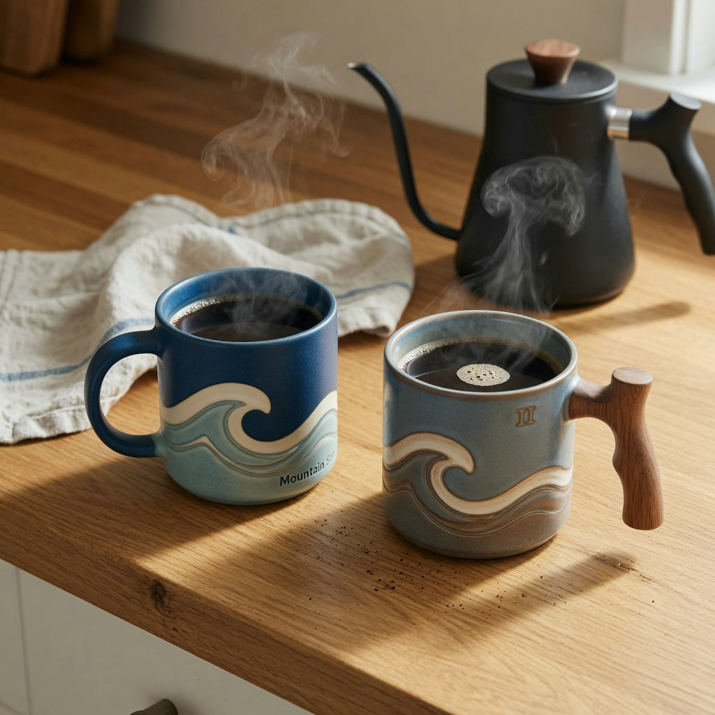 Mountain sea mug vs mountain sea ii compared side by side on a kitchen counter, the original scenic design next to Mountain Sea II with its wooden handle, both filled with hot coffee