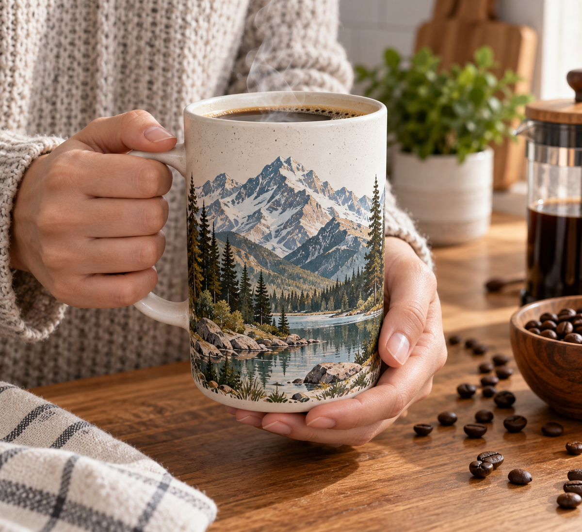 Mountain tall ceramic coffee mug gift with scenic mountain landscape design