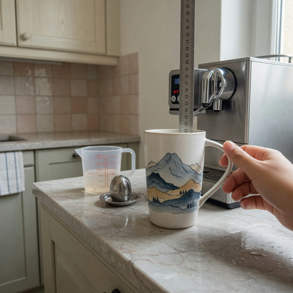 Mountain tall coffee tea mug buying checklist with a ceramic mountain mug, measuring tools, coffee machine, and handle clearance test