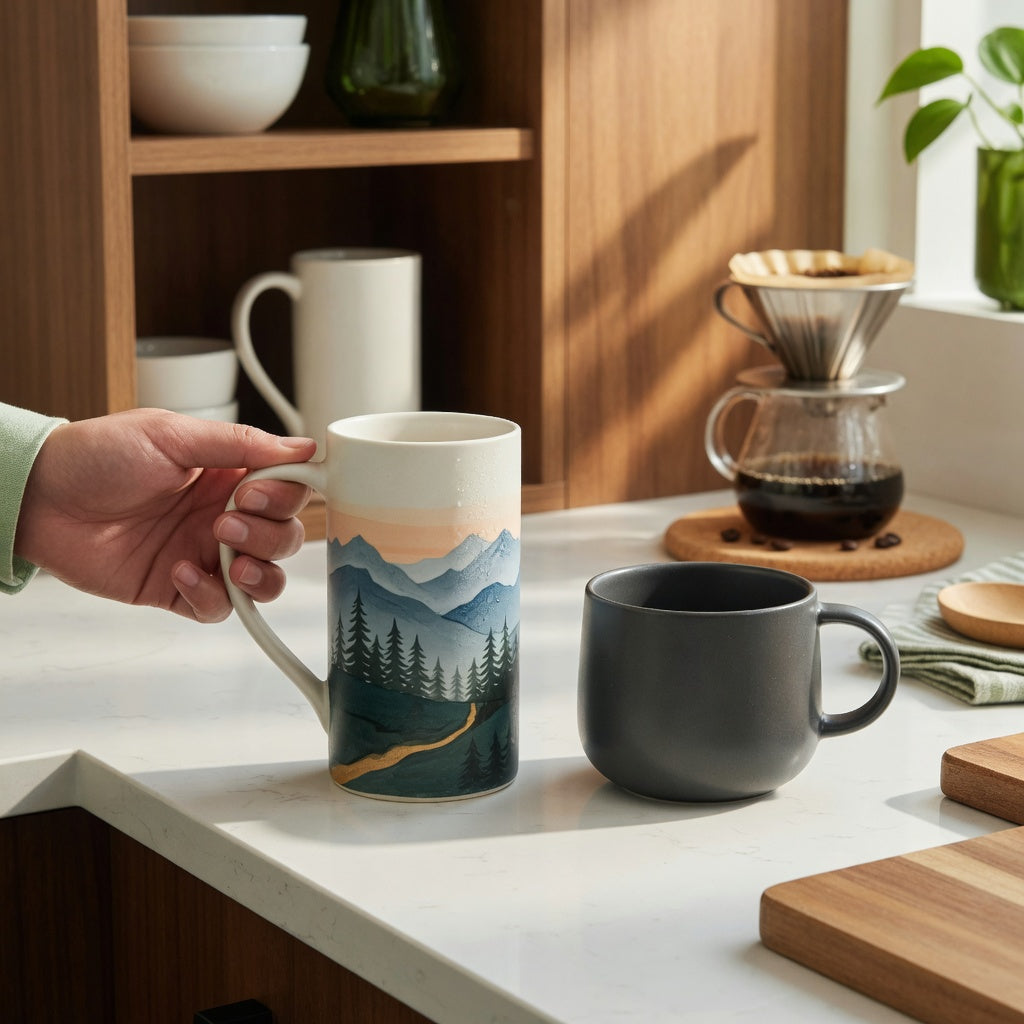 Comparison of mountain tall coffee tea mug gift ideas with tall and wide mugs beside a home brewer