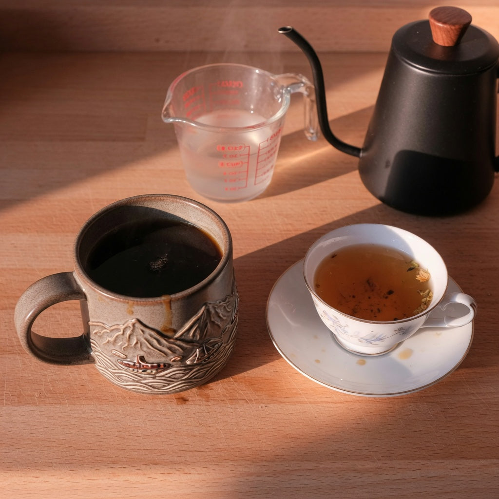 Mountain tea cup vs coffee mug size comparison: a sculpted mountain mug of black coffee beside a smaller porcelain teacup of herbal tea on a sunlit kitchen counter