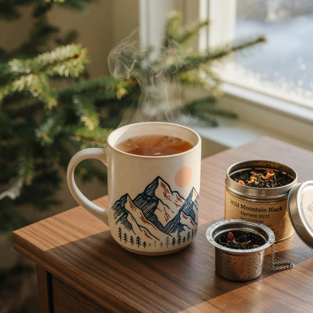 Tall mountain tea mug for tea lovers filled with amber tea on a wooden desk beside a loose-leaf tea tin and a stainless infuser basket